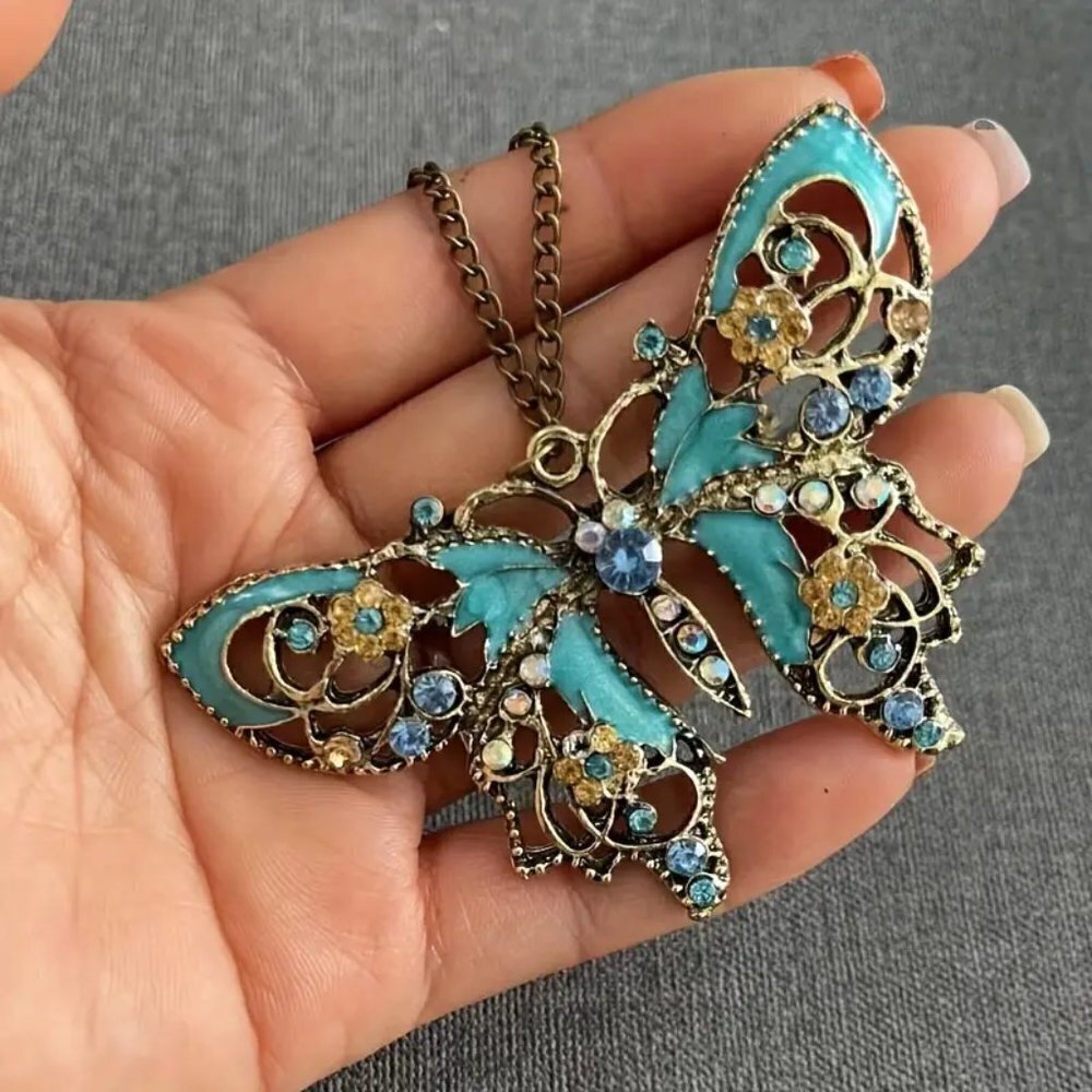 Boho Teal Butterfly Pendant Necklace Art Nouveau Enamel Rhinestone Cottagecore - Picture 8 of 12